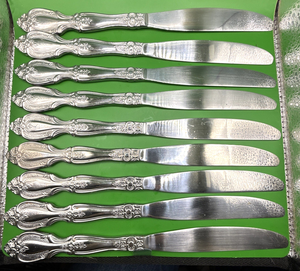 (9)Cambridge RENAISSANCE Solid Dinner Knife Stainless Flatware Dot Floral Knives